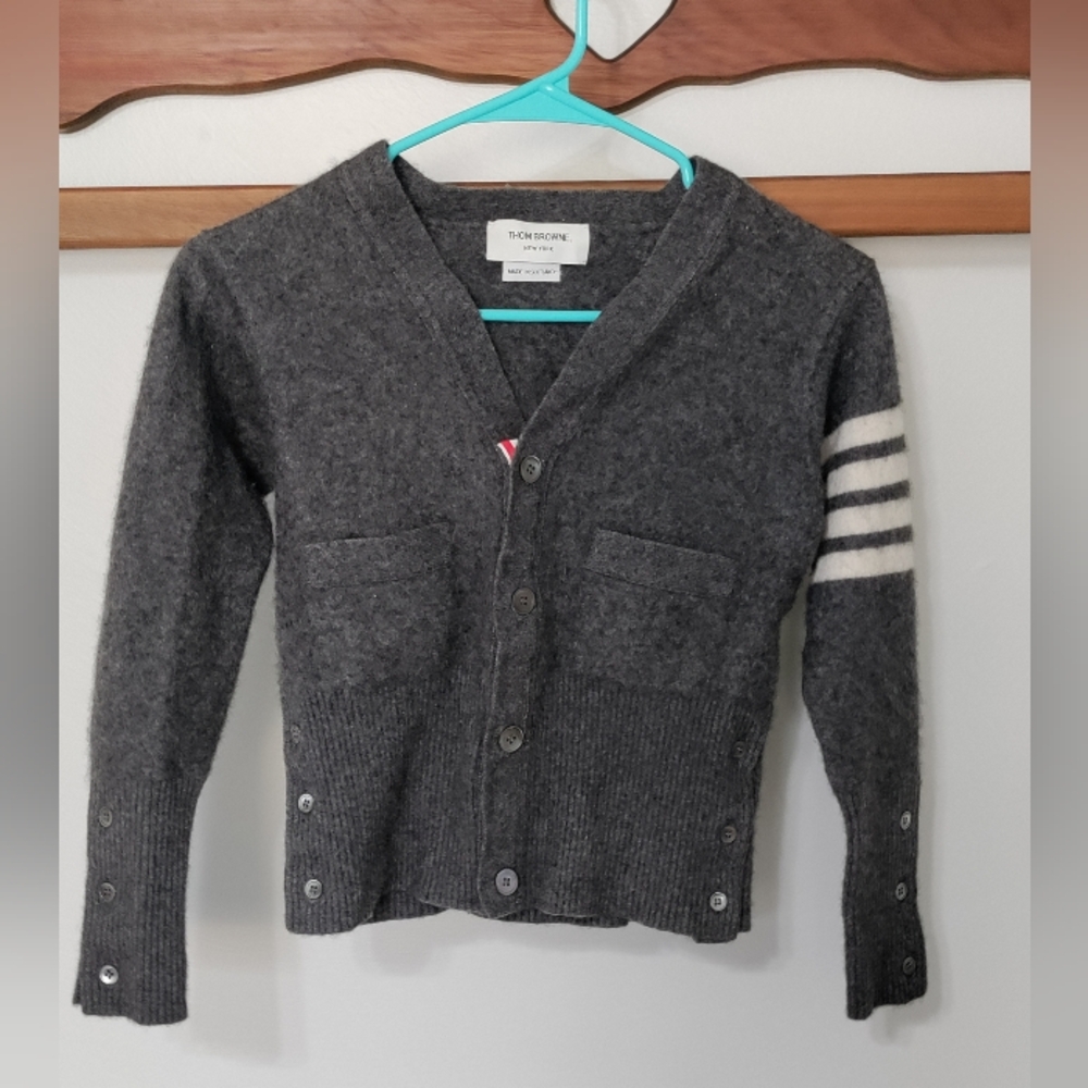 Thom Browne Gray Wool Cardigan with White Arm Stripes - shrunken - Sold As Is